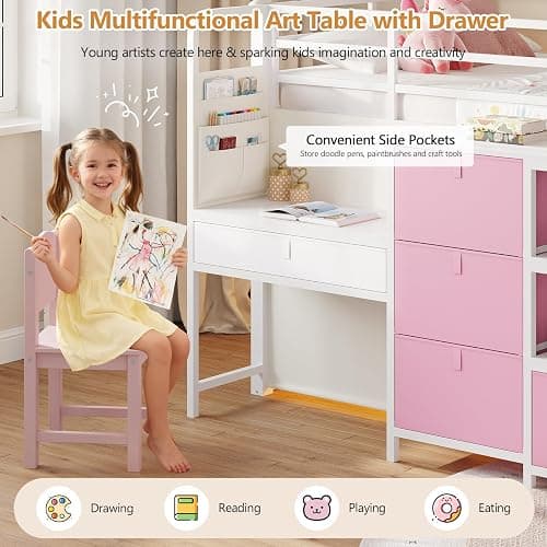 DICTAC Low Loft Bed with Desk and 6 Storage Drawers Twin Loft Bed with Bookshelf,LED Lights & Under-Bed Play Space,Kids Twin Beds with 13.8''H Safety Guardrail,Inclined Ladder&Play Curtain,Pink+White thumbnail 5