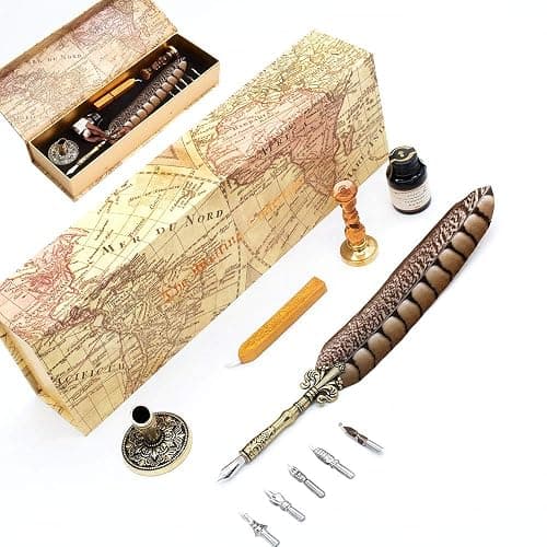 GC QUILL Antique Quill Pen Unique Half-Patterned Feather Pen Set with 6 Nibs 1 Bottle of Ink 1 Seal Stamp 1 Pen Holder 1 Sealing Wax LL-149 thumbnail 7