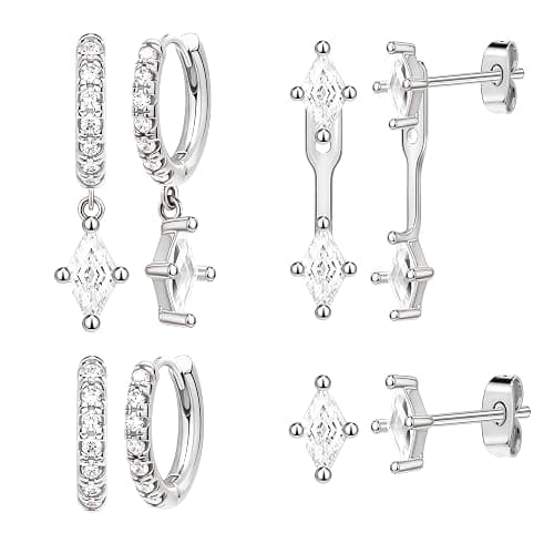 Silver Stud Hoop Earrings Set for Women, Trendy Dangle Jacket Huggie Stacks for Multiple Piercing, Hypoallergenic Cartilage Jewelry Gifts White CZ Geometrical Drop - Image 1