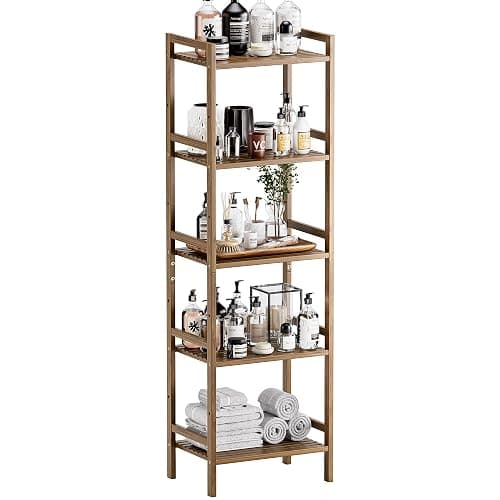 HITNET Bamboo Book Shelf, Tall Narrow Bookcase, Bathroom Shelving Unit 5 Tier Floor Standing Adjustable Bookshelf for Small Spaces, Walnut - Image 1