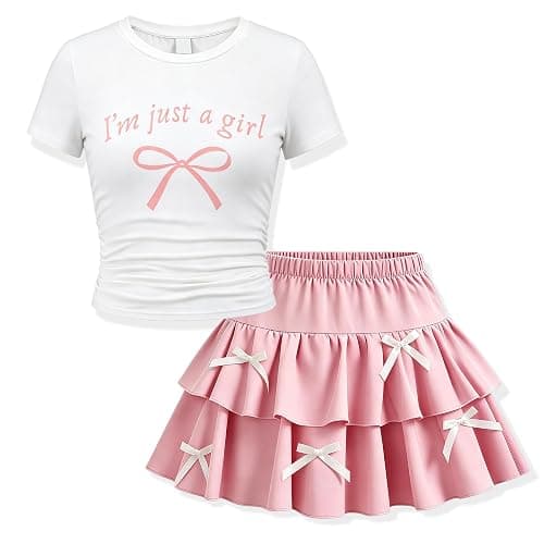 FJLSJSW Teenage Girls Puffy Skirt Set with Cute Bowknot Top Teen Summer Skirt Outfit Puffy Skirt for Teen Girls - Image 1