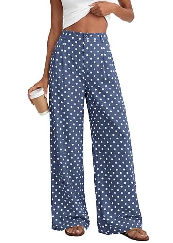 KIRUNDO Wide Leg Pants for Women 2026 Summer Flowy Polka Dot Trousers | Lightweight Dressy Palazzo Work Pant, Elastic High Waisted Pleated Slacks With Pockets, Business Casual Fall Vacation Outfits - Image 1