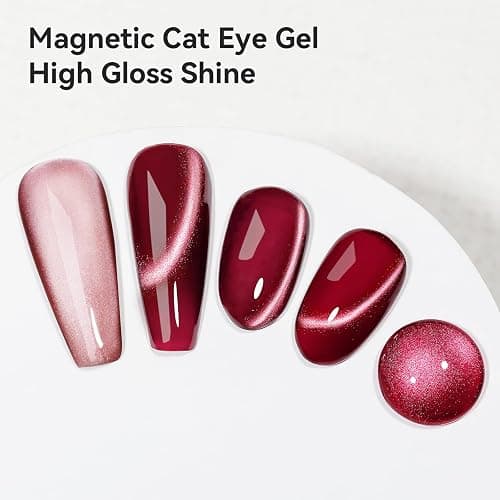 Bevimee Red Cat Eye Gel Nail Polish, Burgundy Red Magnetic Gel Polish | Moonlight Cateye Gel Polish With Magnet Wine Red Holographic Shimmer UV Velvet Manicure Salon DIY Home, 12ML thumbnail 3