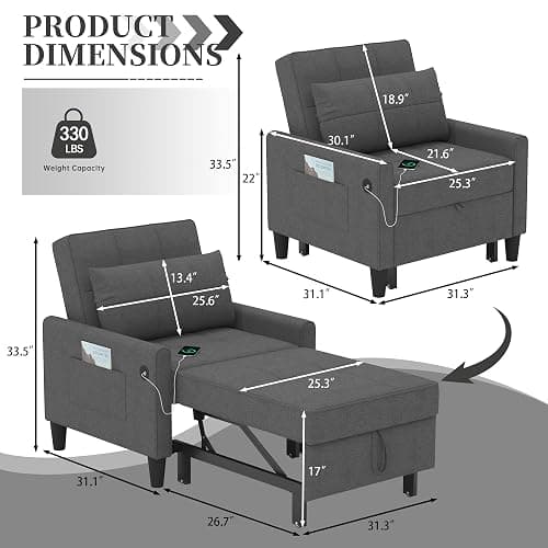 DURASPACE Sleeper Chair Bed with USB Ports, Side Pockets, 3-in-1 Convertible Futon Chair, Adjustable Backrest Recliner Pull Out Bed for Living Room, Bedroom, Small Spaces (Dark Gray) thumbnail 2