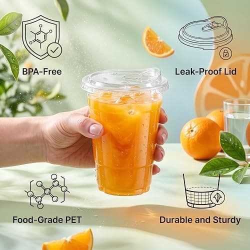 16oz Clear Plastic Cups with Lids, BPA-Free Disposable Iced Coffee Cups. | Leak-proof sip lids fit car holders. Food-grade PET for smoothies & lemonade. 100-pack bulk value for Parties & To-Go. thumbnail 4
