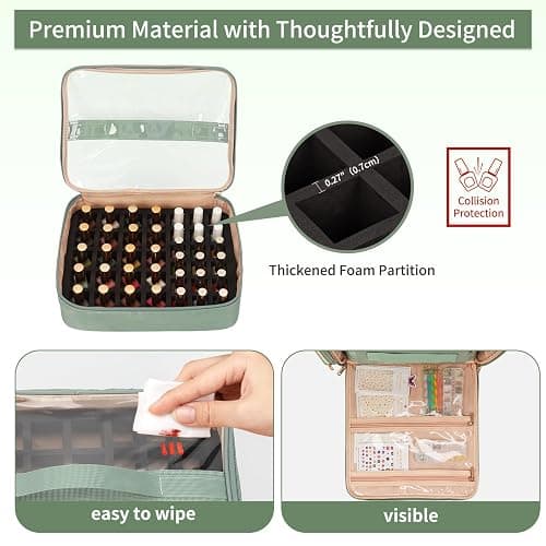 Extra Large Nail Polish Organizer Backpack, Holds 124+ Bottles & Full Size Lamp, Travel Nail Organizers and Storage Bag with 3 Removable Pouches, Portable Nail Supplies Case (Rhombus Green, 124 Slots) thumbnail 7