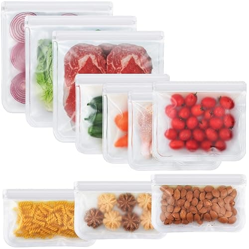 NIKUY 10 Pack Dishwasher Safe Reusable Bags, Silicone, Leakproof, BPA Free, Reusable Food Storage Bags for Lunch, Marinate, Freeze, Travel (Clear) - 3 Gallon, 3 Snack, 4 Sandwich - Image 1