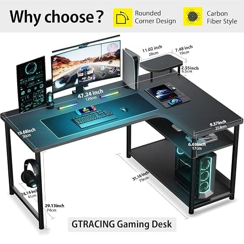 GTRACING L Shaped Gaming Desk, Carbon Fiber Style Computer Desk Compatible with Monitor Arm Storage Shelves Corner Desk Gaming Table for Home Office Desks Easy to Assemble Adjustable Shelf Height thumbnail 5