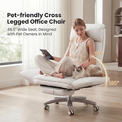 JULYMON Cross Legged Office Chair with Pets Friendly Seat, Plus Size Criss Cross Desk Chair, Big and Tall Office Chair with Foot Rest, Reversible Armrests & Wide Seat, Cream White thumbnail 6