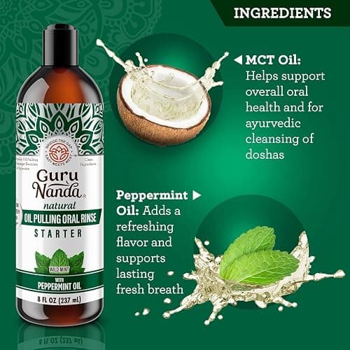 GuruNanda Starter Pulling Oil Mouthwash for Natural Teeth Whitening, Coconut and Peppermint Oil for Fresh Breath & Happy Gums, Alcohol-Free, 8 Oz thumbnail 2