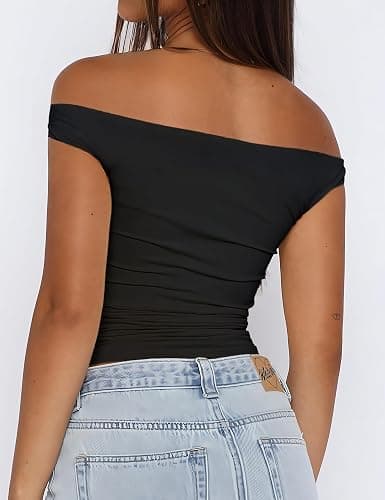 ForeFair Womens Off The Shoulder Tops Going Out Crop Top Slim Fitted Shirts Double Lined Summer Outfits Y2K Cute Tops thumbnail 2