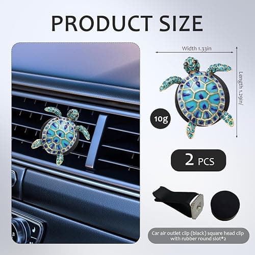 2PCS Beach Car Accessories, Crystal Cute Turtle Air Fresheners Diffuser Vent Clip, Bling Tortoise Car Air Vent Clips, Comes with 2 PCS Black Cars Air Vent Clips(Blue) thumbnail 2