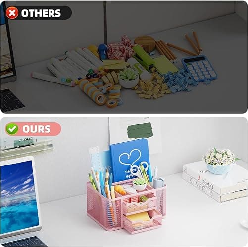 Marbrasse Netz Schreibtisch-Organizer,Multifunktionaler Stiftehalter mit 2 Schublade,Schreibtisch Aufbewahrung Zubehör für Heim Büro Bedarf (Rosa) - Rosa thumbnail 6