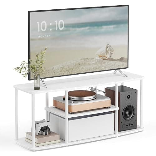 SONGMICS HOME Superfast Toolless Assembly, TV Stand for TVs up to 50 Inches, TV Cabinet Unit, Media Center Table, Living Room, 43 x 14 x 18 Inches, Shelves, Snow White and Matte White ULTV500W01 - Image 1