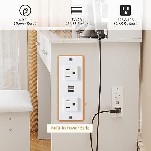 SMOOL Vanity with Lighted Mirror, Makeup Vanity Desk with Glass Top & Power Outlet, 3 Color Light Options, Vanity Table with 6 Storage Shelves, 2 Large Drawers and Cushioned Stool for Bedroom, White - White - Glass thumbnail 7