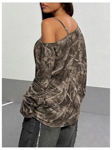 SOLY HUX Women's Camo T-Shirts Long Sleeve Cold Shoulder Loose Tee Shirts Vintage Streetwear thumbnail 3