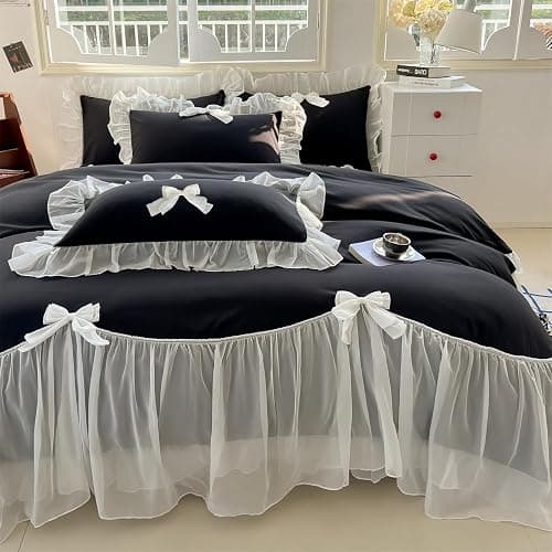 SOUKECHY Girls Lace Bedding,Queen Comforter Cover Set, Chic Ruffled Duvet Cover with Lovely Bow,Princess Style 1 Duvet Cover with 1 Pillowcases, No Comforter-Black,Twin Size thumbnail 2