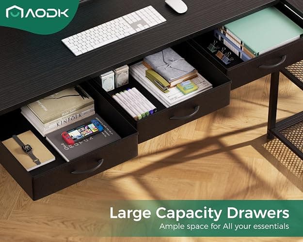 AODK 61 Inch L Shaped Computer Desk with Drawers, Corner Desk with Power Outlets & Reversible Storage Shelves, for Home Office Gaming, Black thumbnail 4