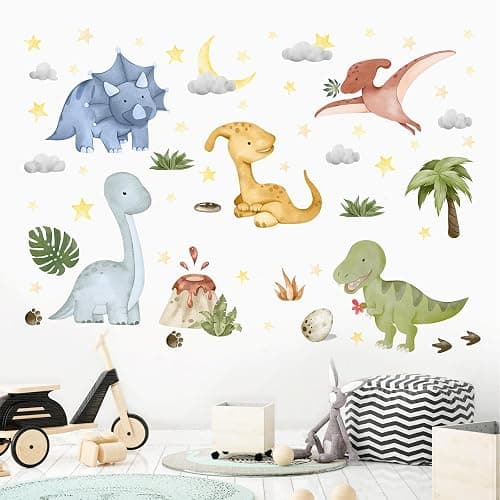Yovkky Watercolor Baby Dinosaur Wall Decals Stickers, Dino Volcano Tropical Leaf Palm Tree Baby Boy Girl Room Nursery Decor, Cloud Moon Star Neutral Home Decorations Kid Bedroom Playroom Art thumbnail 6