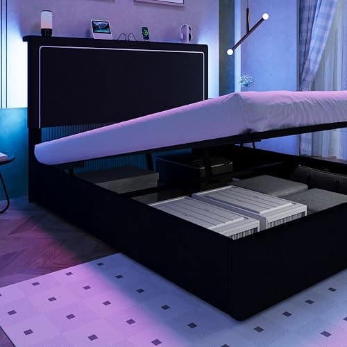 Allewie Full Lift Up Storage Bed Frame with Charging Station, Black | Enclosed Storage, USB & Type-C Charging, Smart LED Lights, Hydraulic Lift, Adjustable Headboard, Velvet Upholstery - Image 1