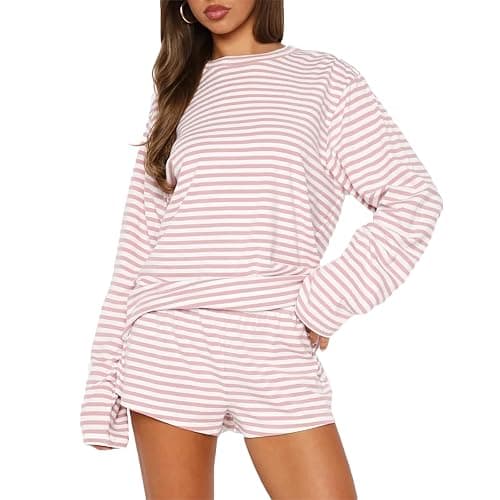 RUEWEY Women Striped Pajamas Set Crewneck Long Sleeve Loose Top Shorts Two Piece Lounge Sets - Image 1