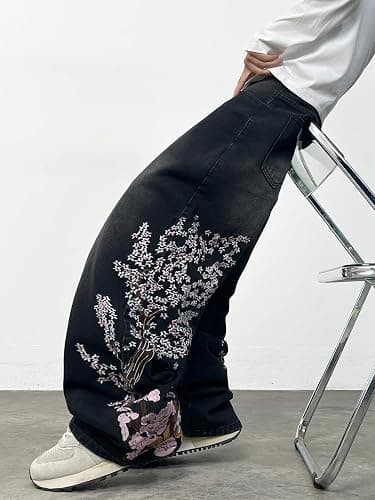 DFGIGT Floral Embroidery Baggy Jeans for Men Hip Hop Stylish Wide Leg Skater Jeans Loose Denim Pants Streetwear thumbnail 4