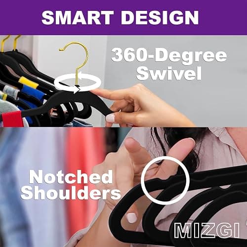 MIZGI Premium Velvet Hangers Pack 60 Pcs Heavyduty - Non Slip Slimline - Velvet Suit Hangers Black - Gold Hooks,Space Saving Clothes Hangers thumbnail 4
