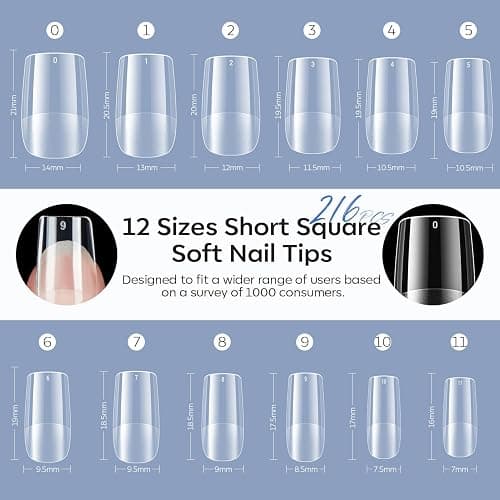 modelones Short Square Nail Tips, Pre-shaped Soft Gel Tips Fake Nails False Acrylic Clear Full Cover Press on Extension Gel Kit Manicure DIY at Home 216PCS 12Sizes thumbnail 6