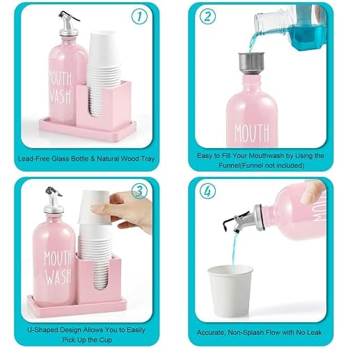 Glass Mouthwash Dispenser for Bathroom, 16 OZ Mouthwash Dispenser with Pour Spout and Wood Cup Holder and Tray, Mouth Wash Bottle Container, Farmhouse Kitchen Bathroom Decor and Accessories, Pink thumbnail 5