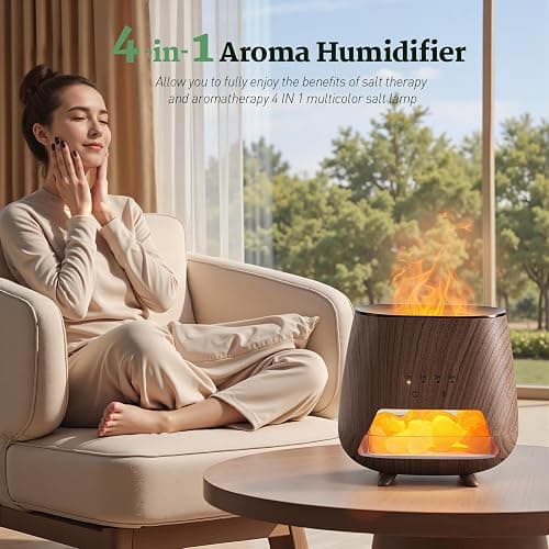 JJNJJN Essential Oil Diffuser for Home - Aromatherapy Diffuser with Pure Himalayan Pink Salt Rock, 200ml Wood Grain Scent Diffuser, Cool Mist Humidifier with 9 Colors LED Light for Bedroom, Black thumbnail 2
