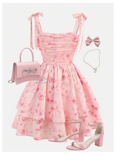 Floerns Girl's Floral Tie Shoulder Cami Dress Ruched Layered Ruffle Hem Short Dresses thumbnail 5