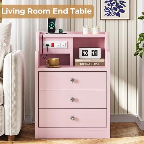 ADORNEVE Night Stand Set 2,Pink Nightstand with Charging Station & Hutch,Night Stands for Bedrooms Set of 2,Bedside Table with Drawers - 2PC - Pink thumbnail 7