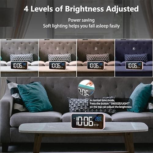 LATEC Digital Alarm Clock with Big LED Temperature Display, Bedside Clock with 13 Alarm Sounds USB Charging Port 4 Levels Adjustable Brightness Dimmer Snooze Portable Mirror Alarm with Dual Alarm Pink thumbnail 6