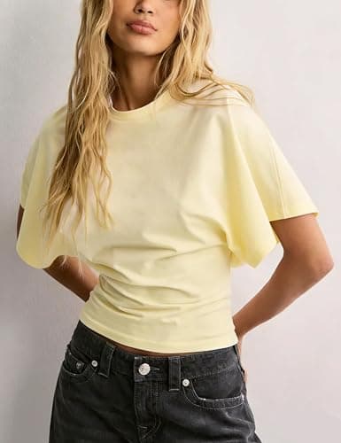 Lumister Shirts for Womens Crewneck Tighten Waist T-Shirt Casual Short Sleeve Workout Tops Solid Color Basic Tees thumbnail 4