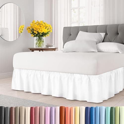 Wrap Around Dust Ruffle Bed Skirt - White - for Full Size Beds with 12 Inch Drop - Easy Fit Elastic Strap - Adjustable Pleated Bedskirt w/Brushed Fabric - Wrinkle Free - for Women, Men, Kids & Teens - Image 1