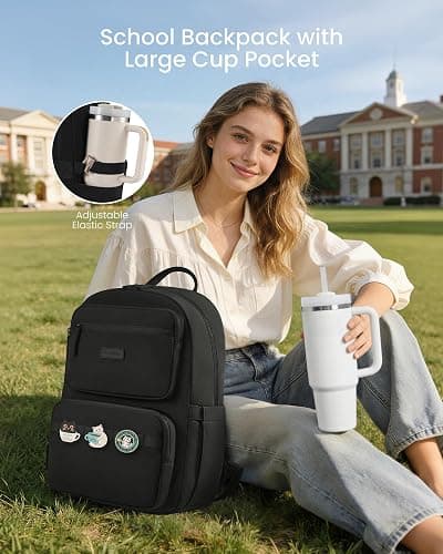 LOVEVOOK School Backpack for Teen Girls,Women Laptop Backpack with Water Bottle Holder,Lightweight Work Bag College Bookbag,Teacher Nurse bag,Black thumbnail 2