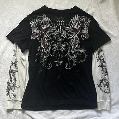 Y2k Fairy Grunge Graphic Long Sleeve Tees Tops Women E-Girls Aesthetic Gothic Skull Print Baggy T Shirts Emo Clothes - 0-black Retro Fashion Uiui - Small thumbnail 4