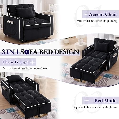 Convertible Sleeper Chair Bed, 3 in 1 Modern Velvet Pull Out Sofa Bed, Small Tufted Single Sleeper Chair with Adjustable Backrest/Pillow for Living Room, Small Spaces, Apartment, Office, Black thumbnail 3