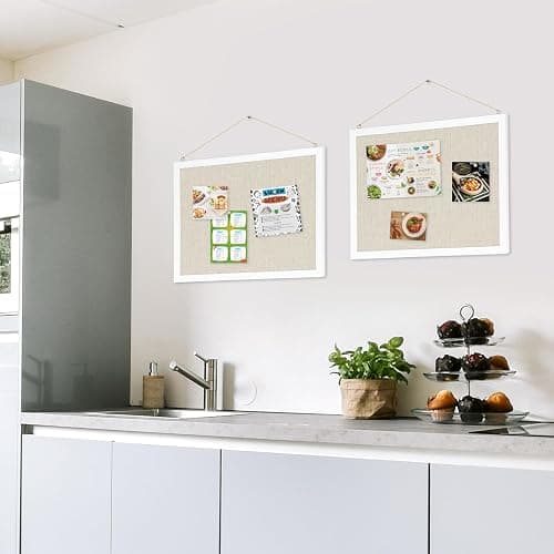 AMUSIGHT 2-Pack Double-Sided Cork Board with Linen, 16" x 12" Hanging Wood Framed Bulletin Board, Picture Display Vision Board Kit Corkboards for Wall School Office Decor, 20 Pushpins (Vintage White) thumbnail 9