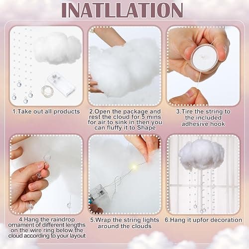 Marsui Artificial Cloud Props LED Hanging Cloud Light String Fake Imitation 3D Cotton Classroom School Decor Raindrop for Room Ceiling Baby Shower Party Wedding Nursery Classroom Wall DIY Decor(4 Pcs) thumbnail 3