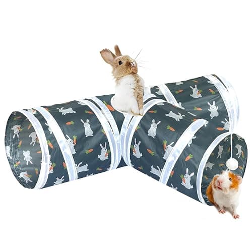 LUCKITTY Rabbit Tunnel Toy, Collapsible 3-Way Hideout Tunnel with Chew Toys for Rabbits, Guinea Pigs, Ferrets, Kittens & Small Pets - Gray & White Bunny Carrot Design Hideout (33"x20"x9.5") thumbnail 6