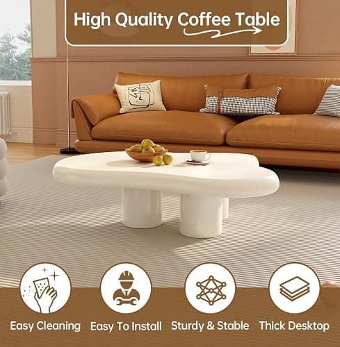 StyHube Cloud Coffee Table Unique Living Room 2024 Modern Short Coffee Table Small Center Table Stylish Irregular Shape,Small Home Decor Set,3 Legs,Milky White,（41.06Inch） thumbnail 4
