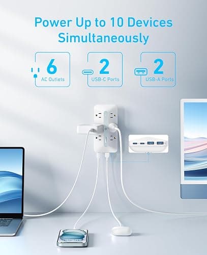 Anker Wall Charger, 300J Surge Protector, 10-in-1 Outlet Extender, 6 AC, 2 USB A, 2 USB C Ports, Wide-Spaced Outlets and 20W Fast Charging, Desk Charging Station, Home Office, Dorm, Room Essential thumbnail 3