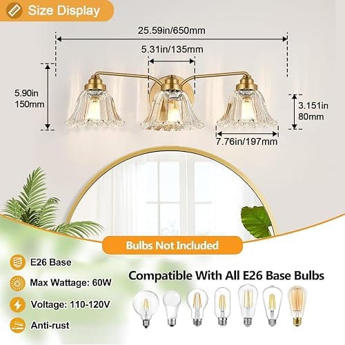 Meybiok Vintage Bathroom Light Fixtures, 3-Light Gold Vanity Light for Bathroom with Clear Flower Glass Shades, Vanity Lighting Fixtures Over Mirror (Exclude Bulb) thumbnail 9