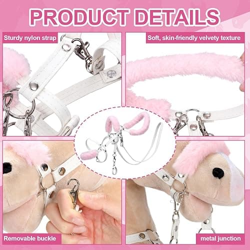 Shappy Hobby Horse Toy Accessories Realistic Horse Bridle with Metal Bit and Adjustable Reins, Faux Leather and Stainless Steel for Equestrian, Themed Events Competitions and Play (White, Pink) thumbnail 3