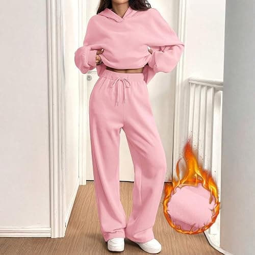 Sweatsuits Women 2 Piece Outfit Fleece Cute Oversized Hoodies Y2k High Waisted Baggy Wide Leg Sweatpants with Pockets thumbnail 4