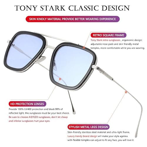 AIEYEZO Tony Stark Sunglasses Vintage Square Metal Frame Eyeglasses for Men Women - Iron Man and Edith Sun Glasses thumbnail 5