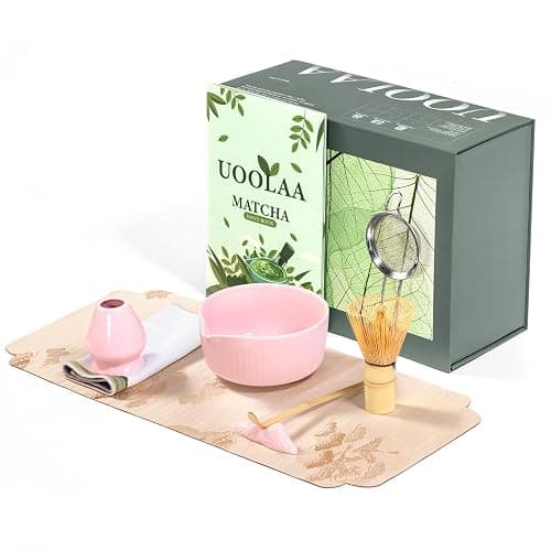 Pink Traditional Matcha Set Whisk and Bowl, 8 Pcs Matcha Making Kit Includes Ceramic Bowl with Spout, Bamboo Whisk, Holder, Scoop, Sifter, Tea Towel Cloth and Mat-Ceremonial Matcha Starter Kit Gift - Image 1