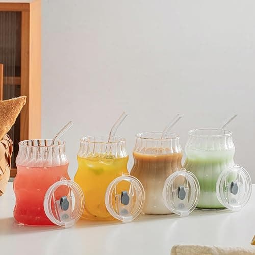 Ribbed Glass Cups with Lids and Straws – Unique Glasses for Iced Coffee, 18oz Vintage Design, Ideal Wavy Coffee Cups with Straws, Bubble Glass Aesthetic, Clear Ribbed Glasses thumbnail 8