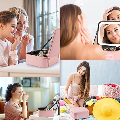 Extrei Gent Makeup Travel Train Case with Mirror LED Light 3 Adjustable Brightness Large Cosmetic Bag Portable Storage Adjustable Partition Waterproof Makeup Brushes Make up Jewelry Gift for Women thumbnail 6